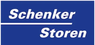 Logo de Schenker Storen avec un fond bleu et un texte blanc.