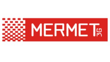 Logo de Mermet, avec le texte en blanc sur fond rouge.